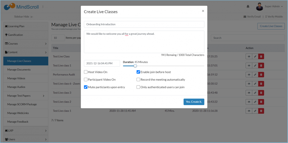 Create Live class popup display