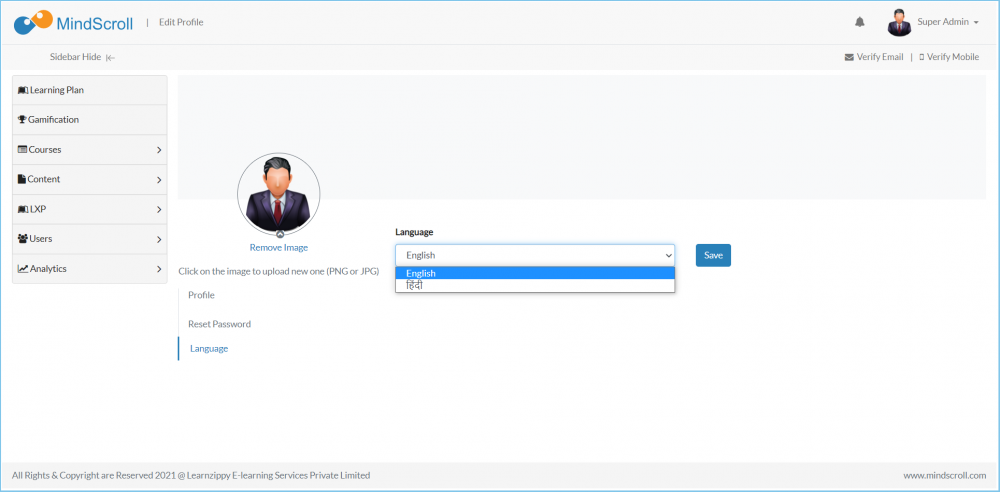 Manage Your Account - Language Preference option