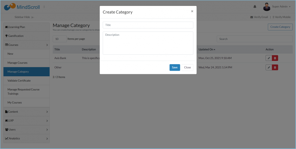 Create or Edit Category pop-up view