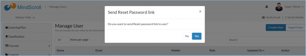 Manage User - Send Reset Password Link