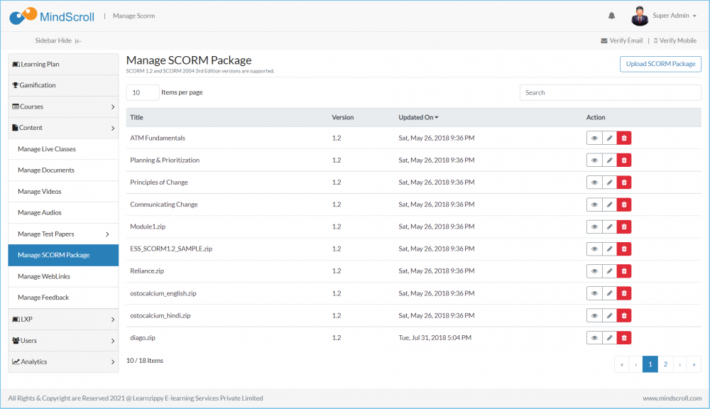 Manage SCORM Listing