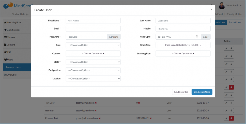 Manage User Create form