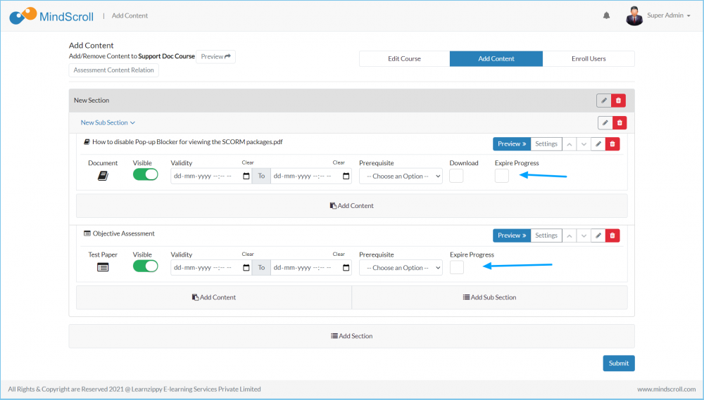 Manage Course - Add Course - Expire Progress option