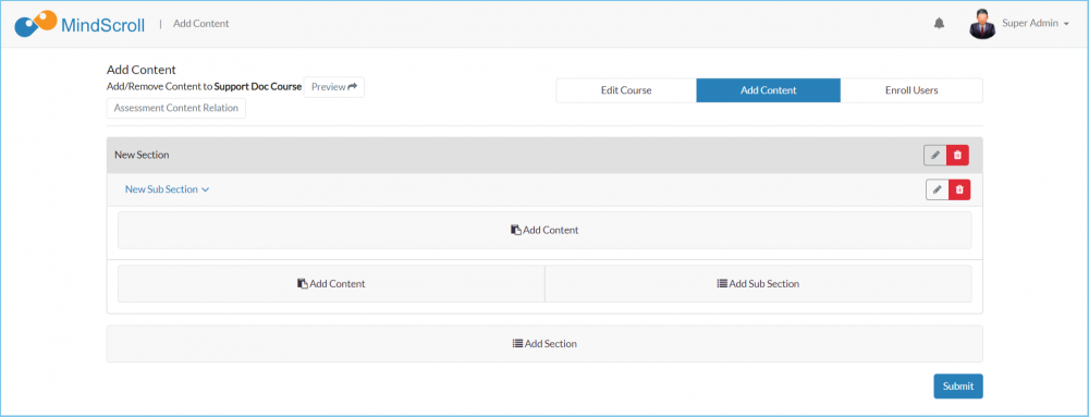 Manage Course Add Content - Sub section visibility