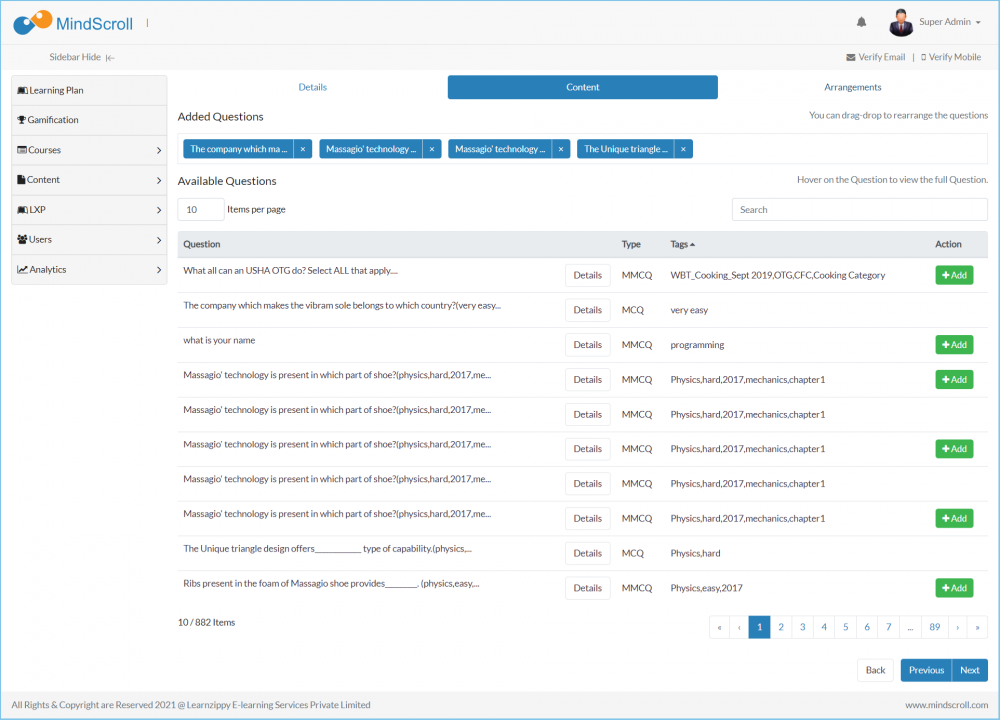 Manage Assessment Content Page to add Questions