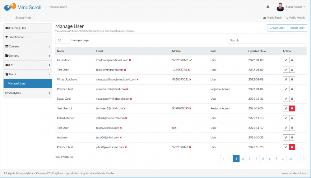 Manage User Listing Page