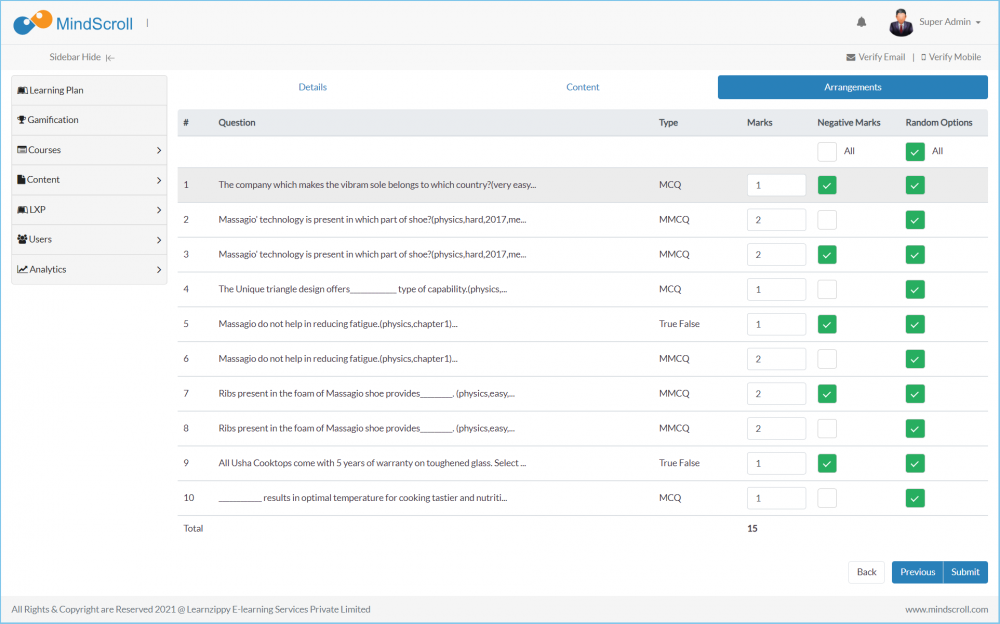 Manage Assessment Question Arrangement and Setting page