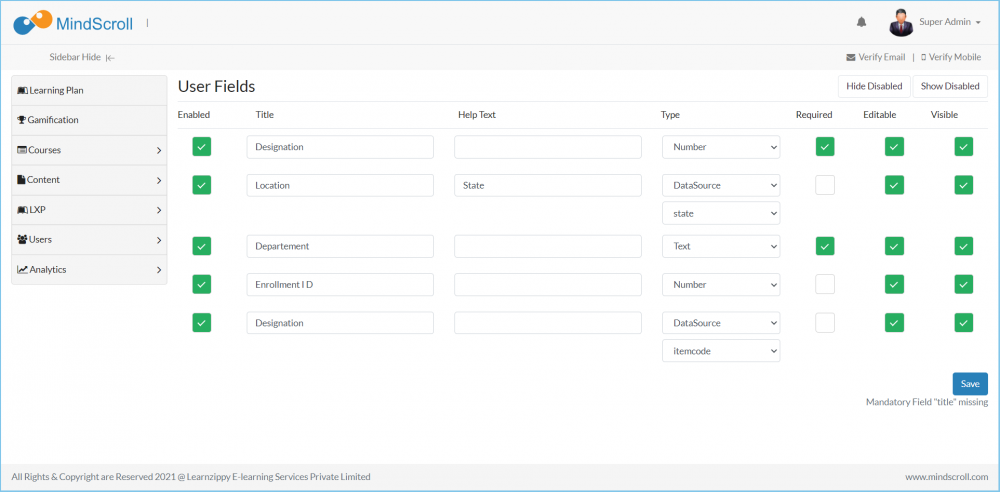 User Custom Fields Management Page