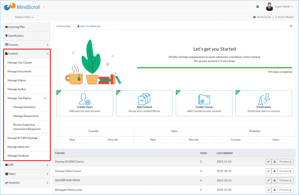 Manage Content Section