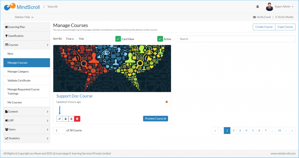 Manage Course listing page