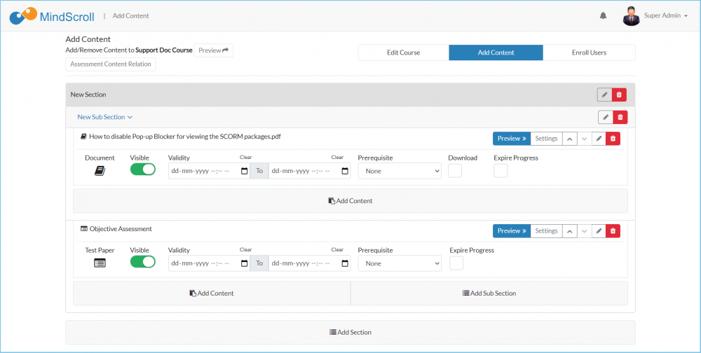 Manage Course - Add Content - Settings view against each asset