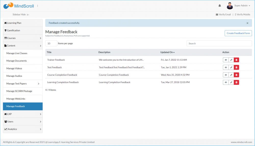 Manage Feedback Listing Page