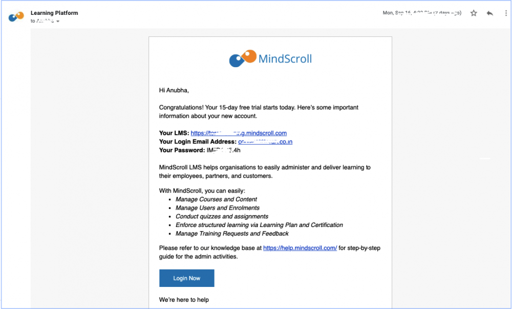 MindScroll LMS Account Creation mail