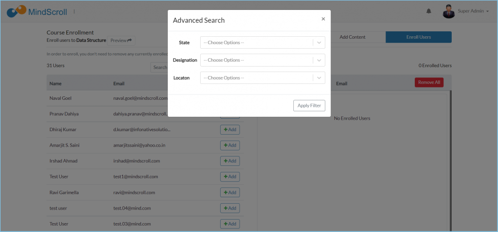 Manage Course - Advance Filter