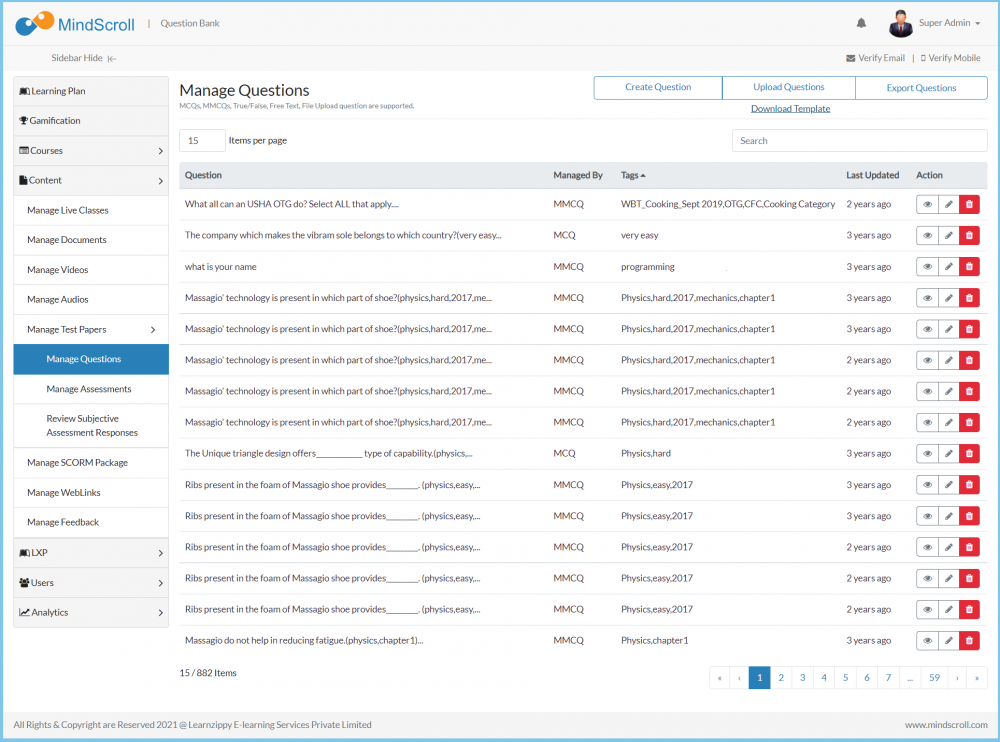 Manage Question Listing