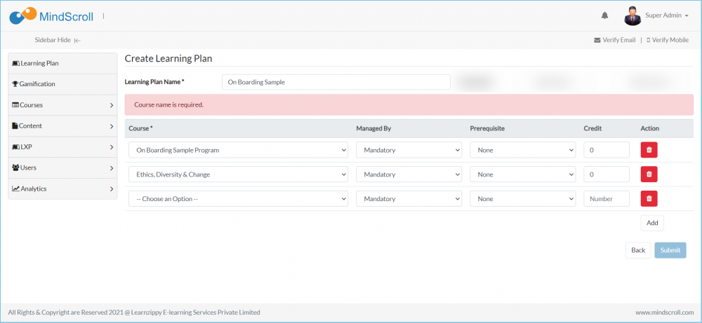 Create Learning Plan page