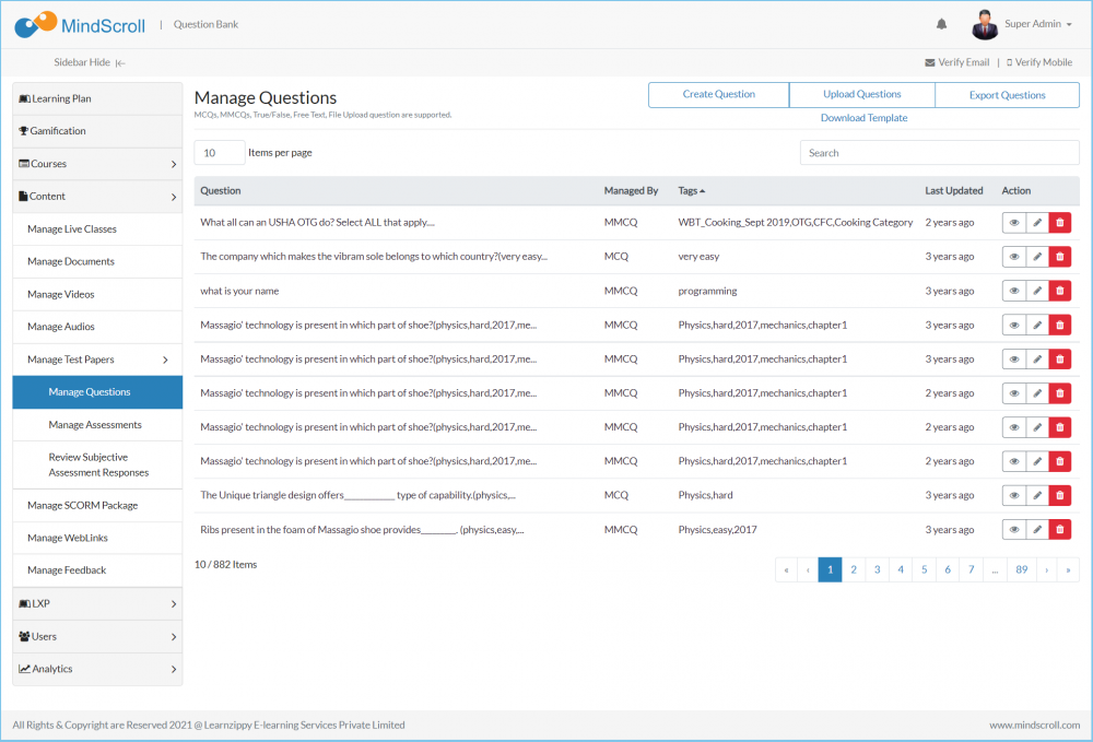 Manage Question page for adding different type of questions into the portal