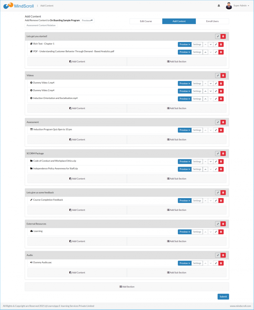 Manage Course - Add Content - Post adding the content