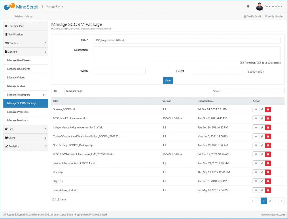 Manage SCORM - Once Uploaded the content