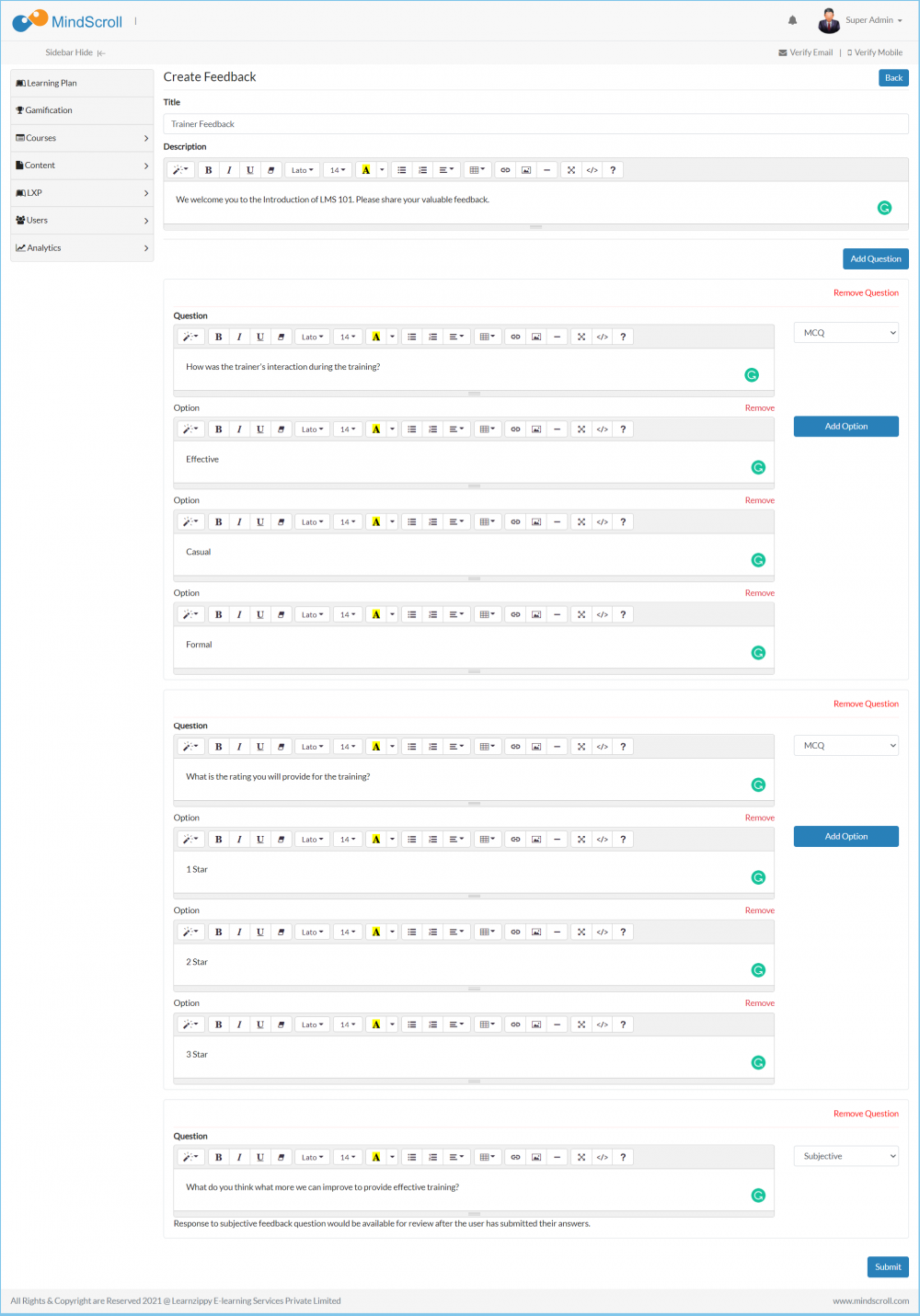 Manage Feedback - Create feedback form page view