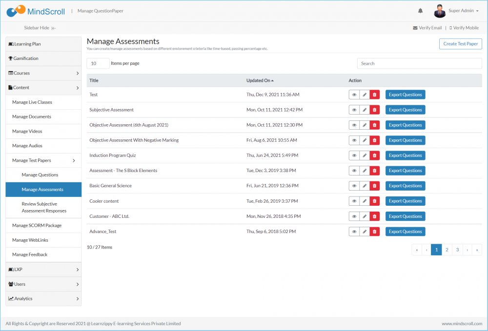 Manage Assessment Listing Page