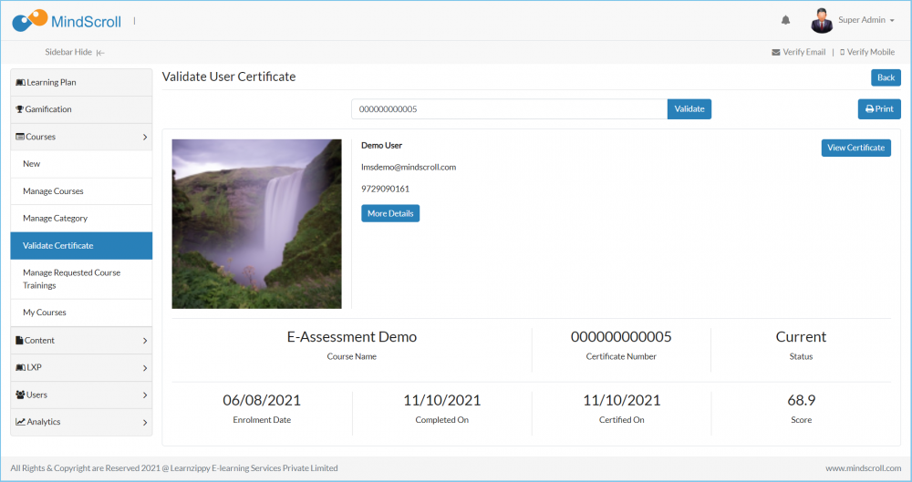 Validate Certificate page view with searched certificate