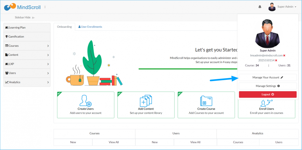 Manage Your Account highlighted in top right drop-down