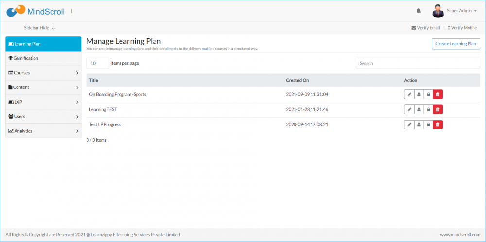Manage Learning Plan listing view