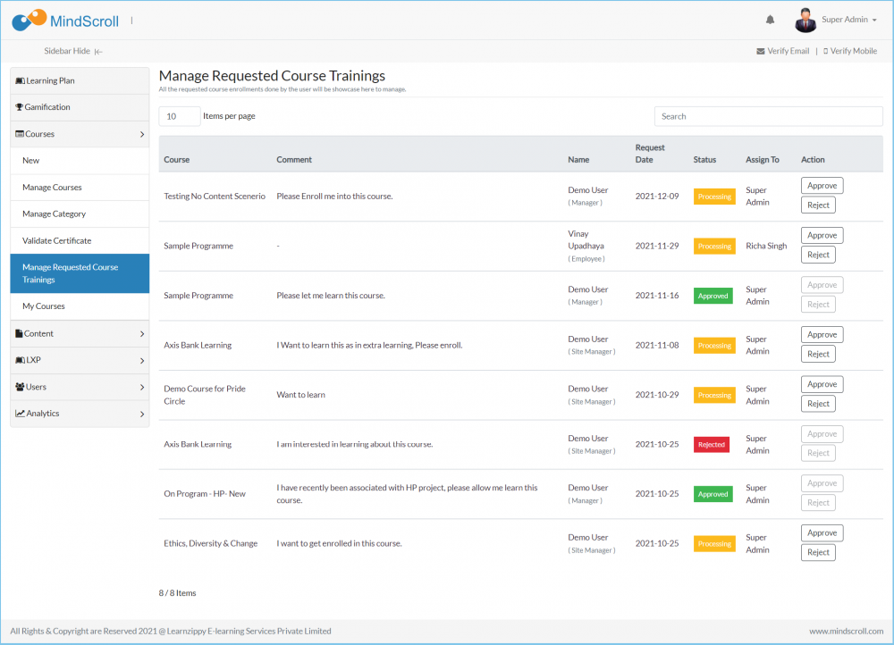 Manage Requested Course Trainings Listing View